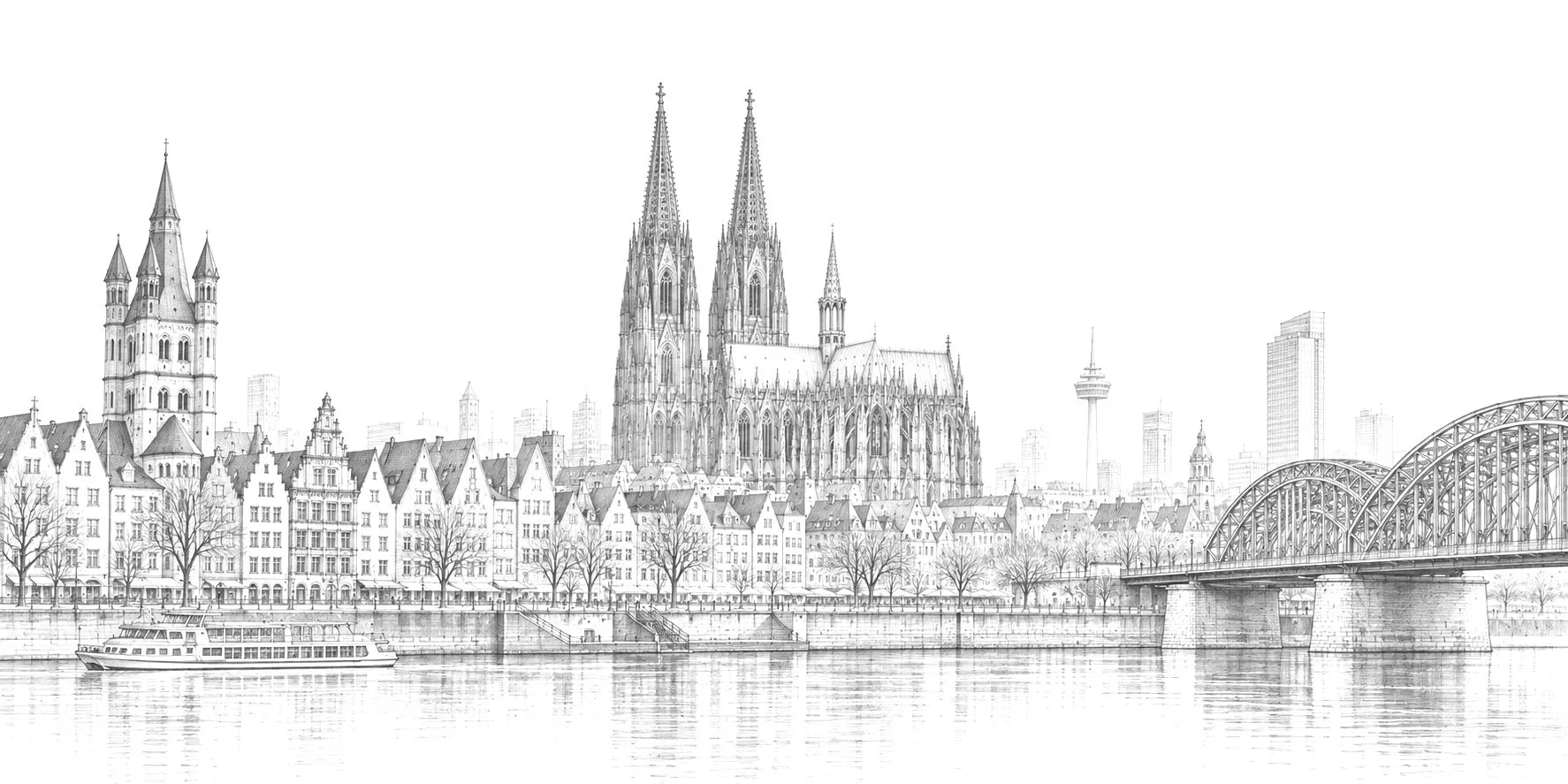 Pencil sketch of the Cologne skyline with the cathedral, Great St. Martin and the Hohenzollern Bridge
